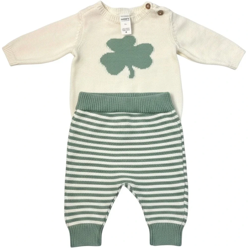 Carters Just One You Baby 3M Shamrock Knit Sweater and Striped Pants Set Green